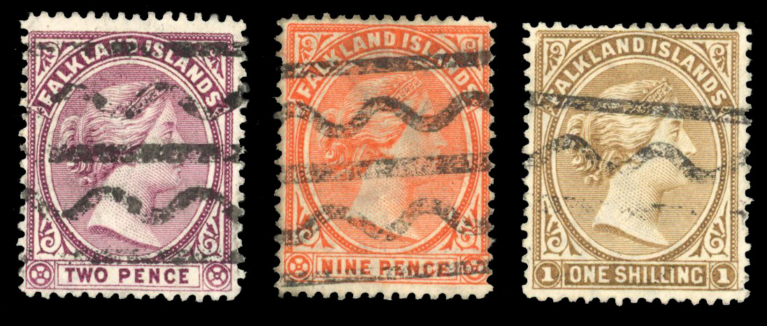 Falkland Islands QV 2d, 9d & 1s parcel cancellations