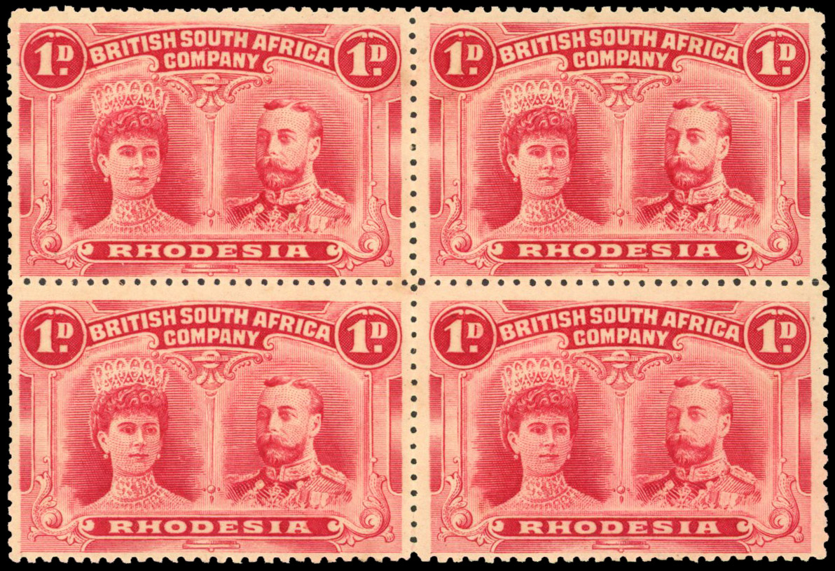 Rhodesia 1910-13 1d carmine-red perf 14 block of 4