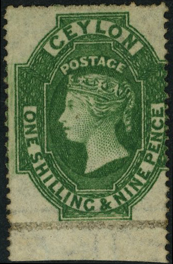 1861-4 1/9d light green, prepared for use but not issued, unused without gum.  Bottom marginal, perfs at top a little...