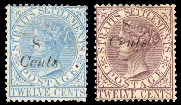 Straits Settlements SG 74/75 1884 8c on 12c blue, 8c on 12 brown-purple unused