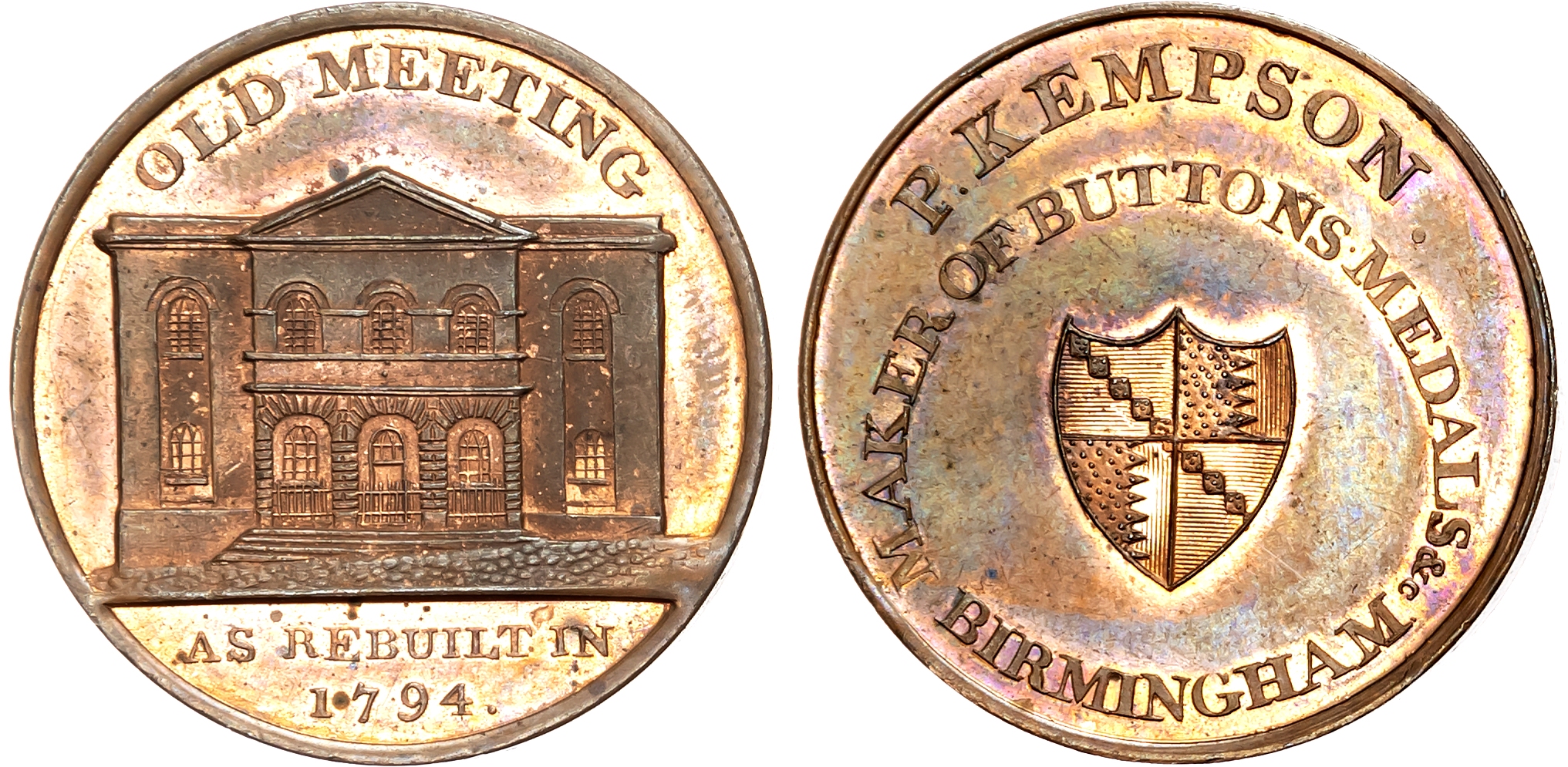 Warks. Birmingham , P Kempson’s Series of Birmingham Buildings, Halfpenny late 1790s, Façade of the Old Meeting Hall ere …