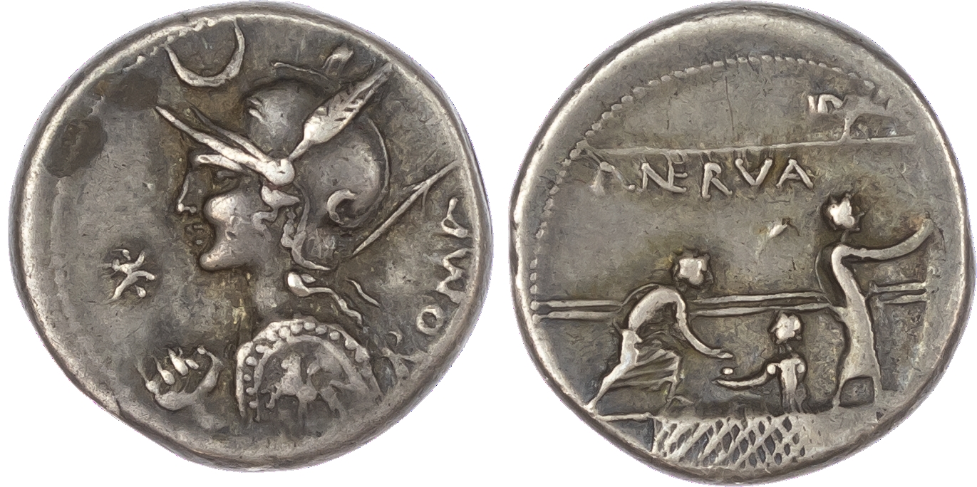 P. Licinius Nerva (113-112 BC) AR Denarius, Rome, 3.92g. ROMA, helmeted bust of Roma facing left, holding spear over