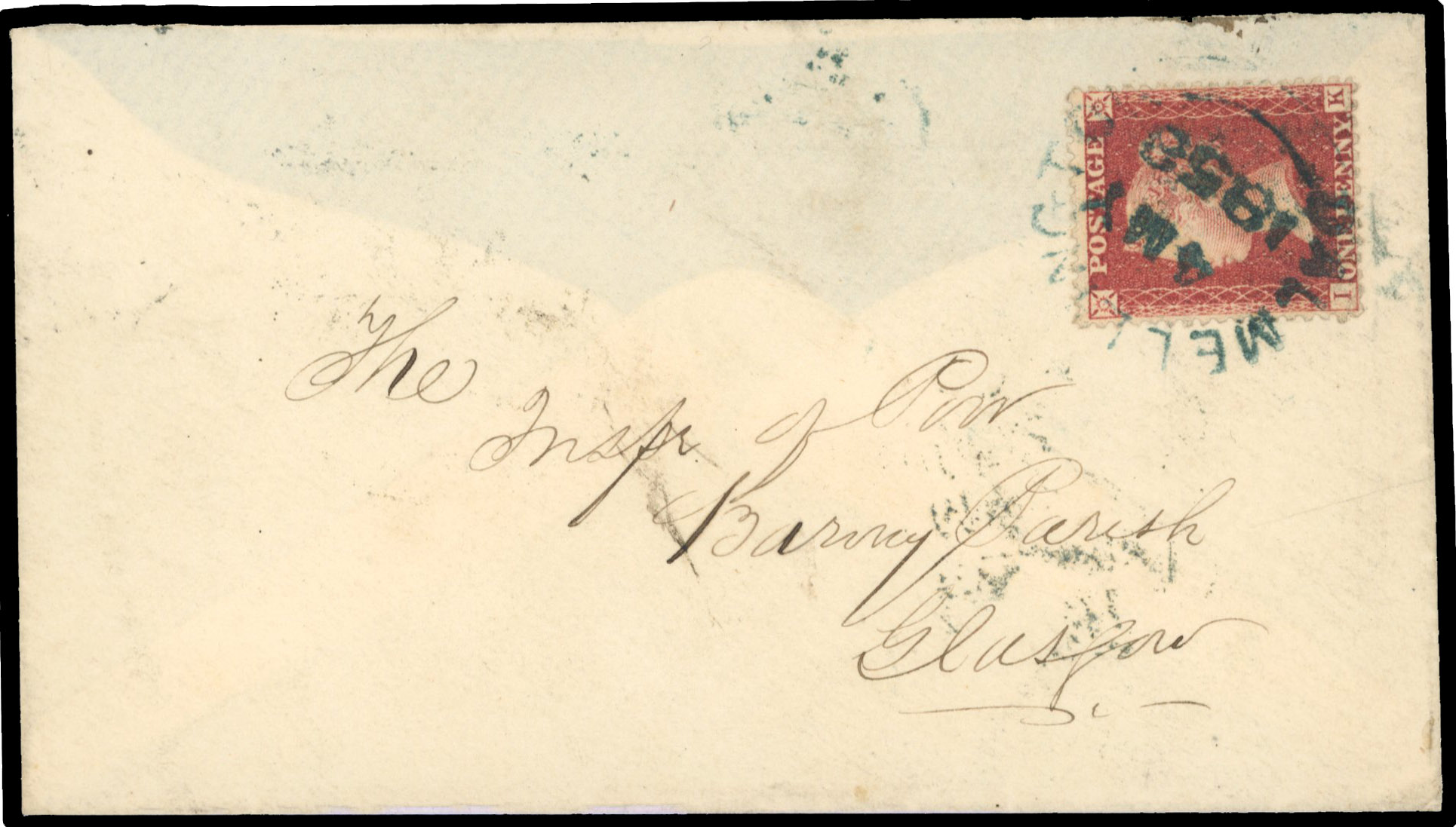 1858 1d Rose-red Pl.47. Very fine envelope sent from Dalmellington to Glasgow bearing a 1d rose-red Pl.47. (SG 40)