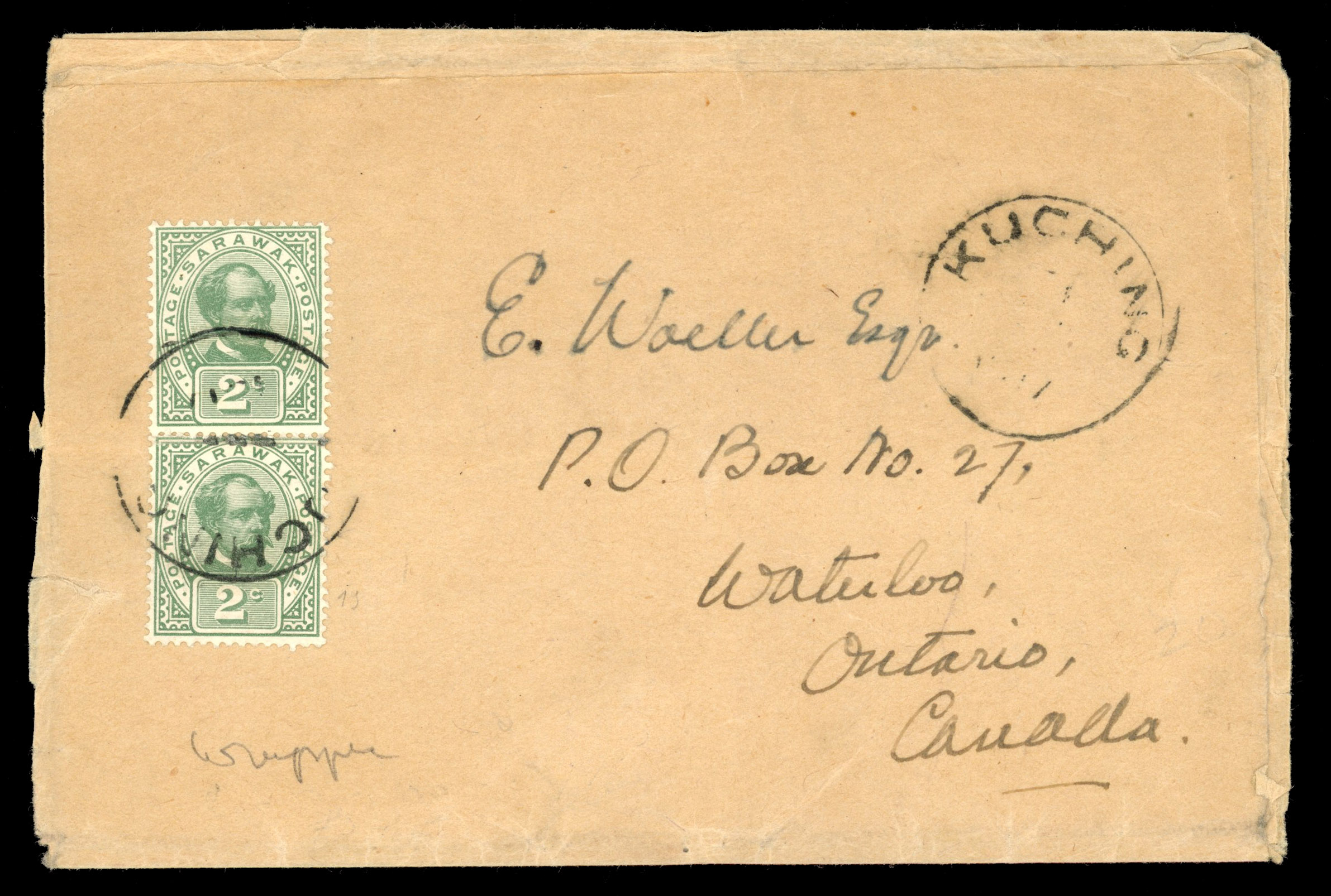 Sarawak 1917 wrapper to Canada bearing 2c green tied ‘KUCHING/3/FEB/1917’ cds