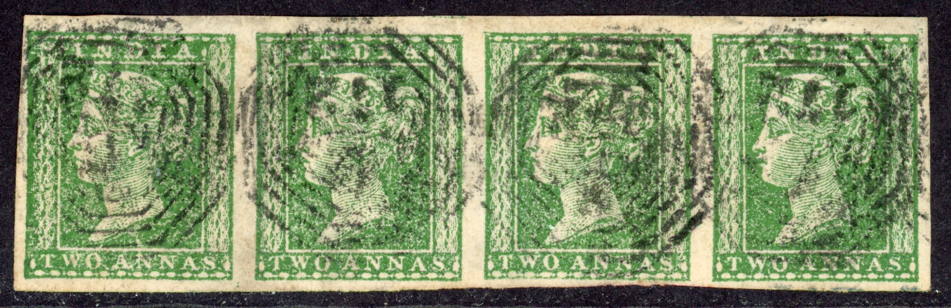 Straits Settlements SG Z64 India 1854 1a green horizontal strip of 4 used