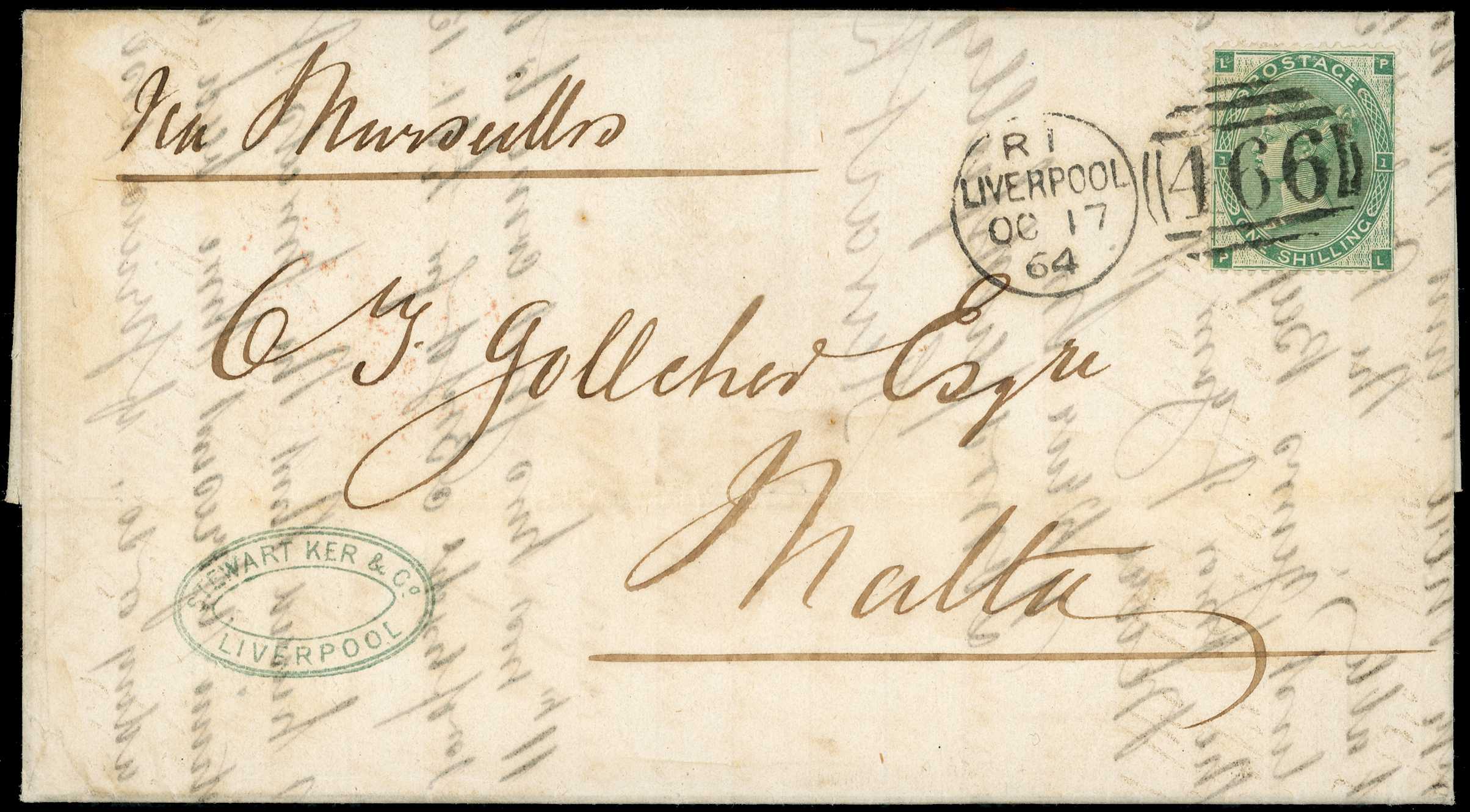 1864 double-rate entire to Malta bearing 1/-...