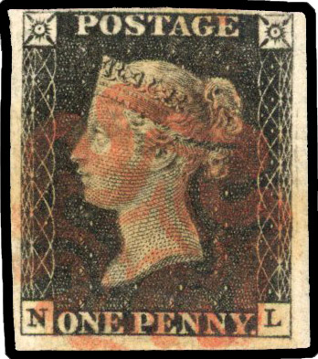 1840 1d black, plate 7 (NL) smudged red MC, 4 margins, close at top SG 2