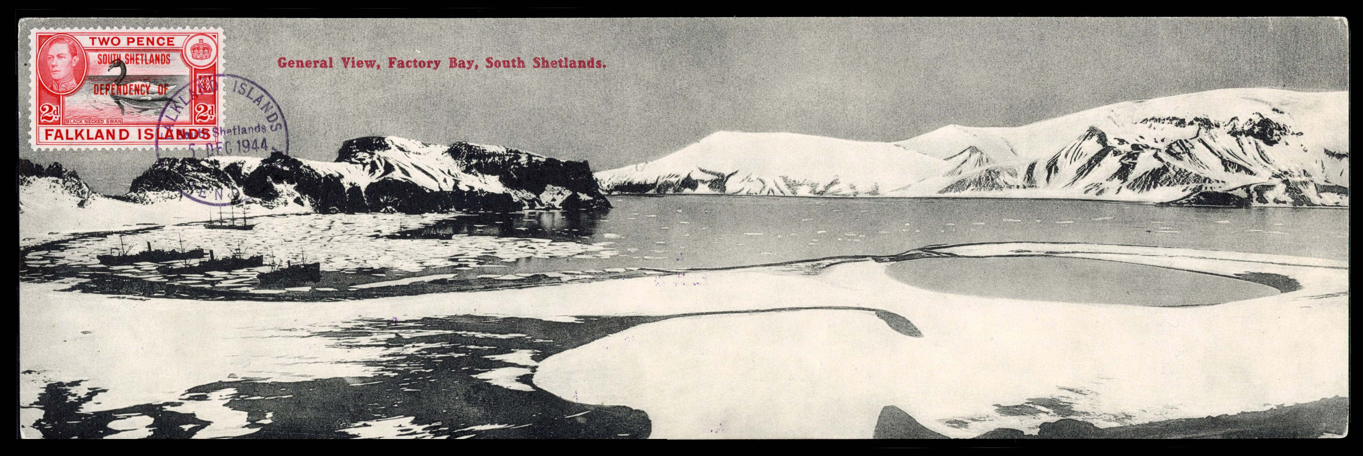POSTAL HISTORY: Panoramic long postcard (278x88mm) showing ‘General View, Factory Bay, South Shetlands’