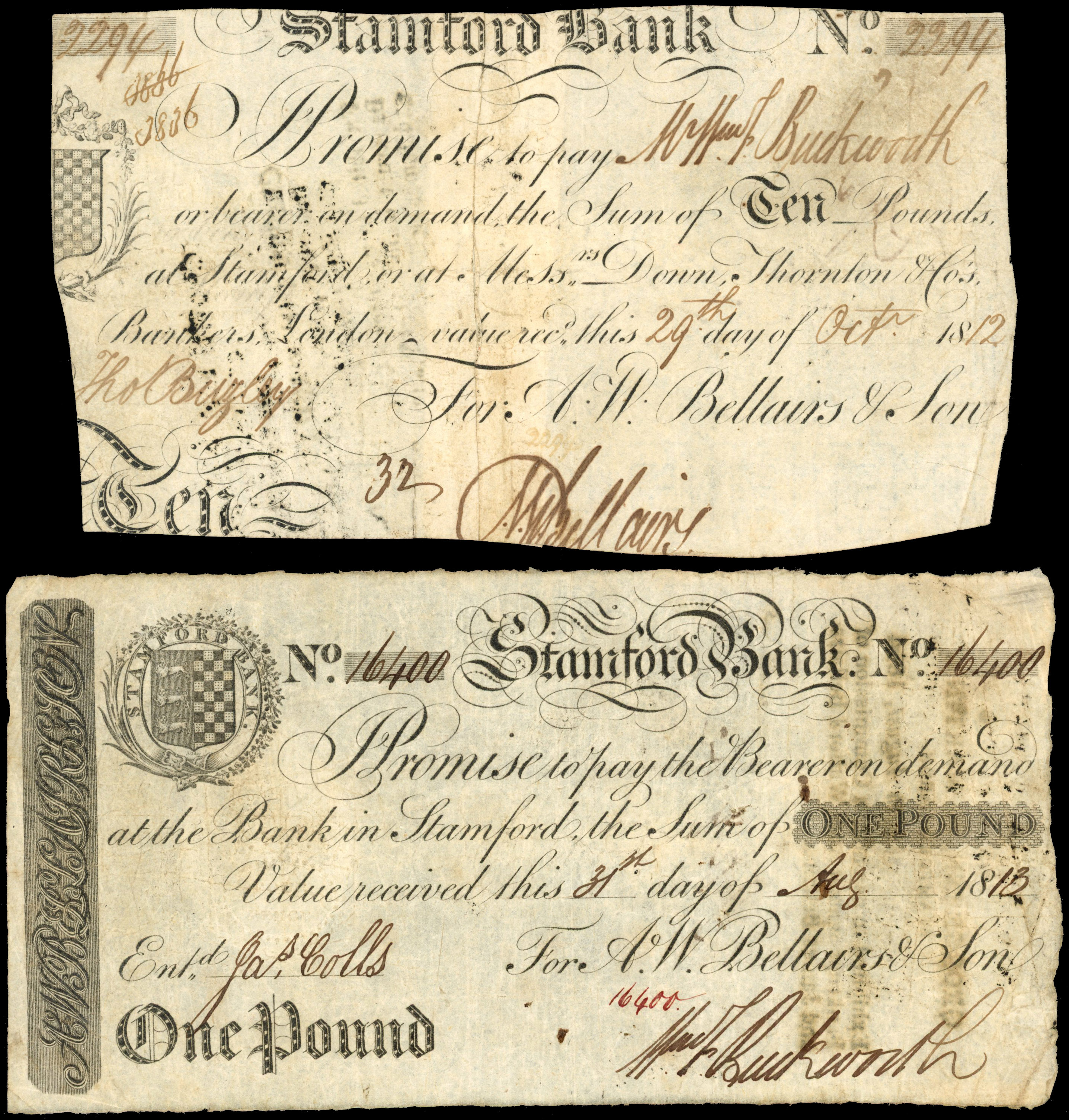 STAMFORD, Stamford Bank, for A.W. Bellairs & Son, £1.,And £5.,31 August 1813 and 29th. October 1812, serial nu…