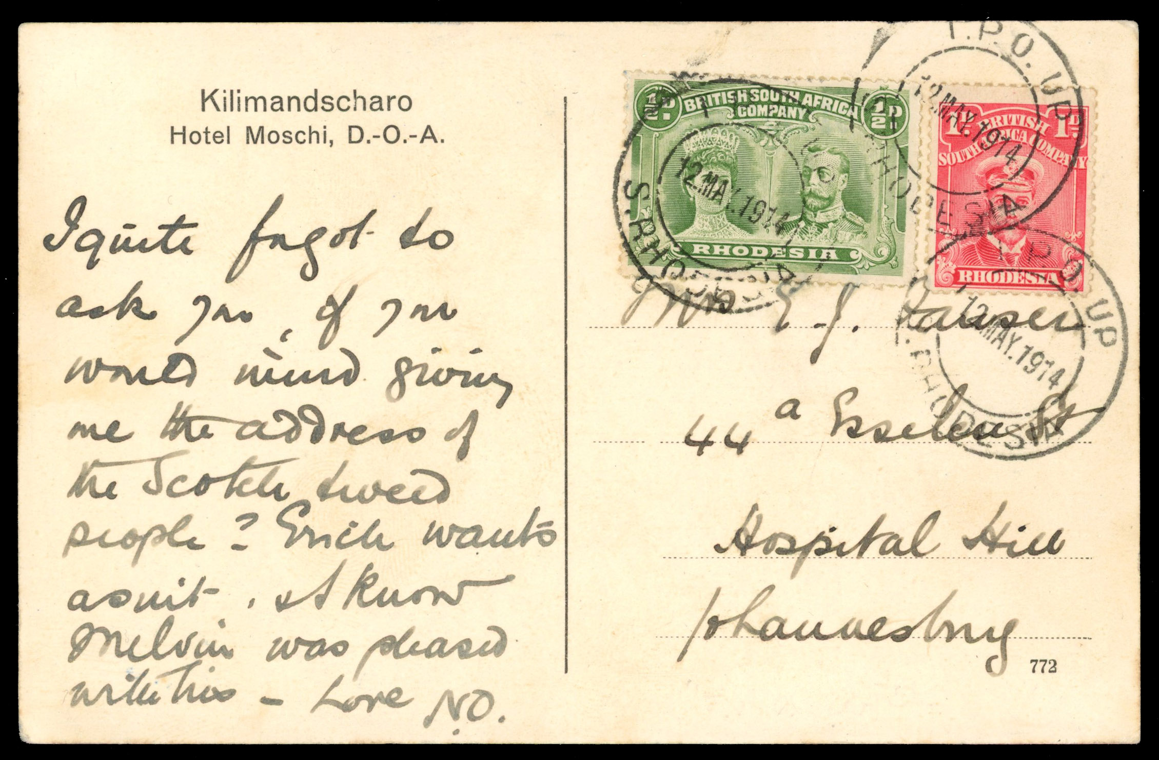 Rhodesia 1914 postcard to Johannesburg TPO UP cancels