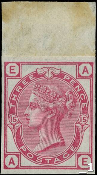 GB: 1874 3d rose plate 15 (AF) imperforate top marginal imprimatur, one of only 23 possible examples.