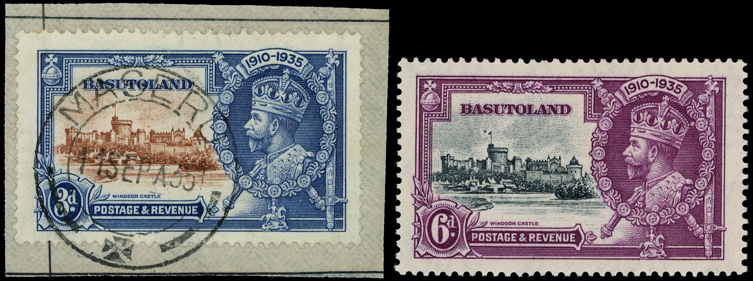 BASUTOLAND: 1935 Silver Jubilee 3d brown and deep blue showing plate 2B: R.8/3 ‘dot to left of chapel...