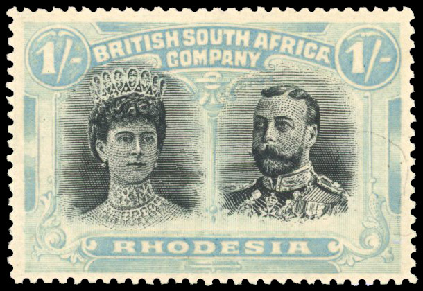 Rhodesia 1910-13 1s black and pale turquoise-blue perf 15