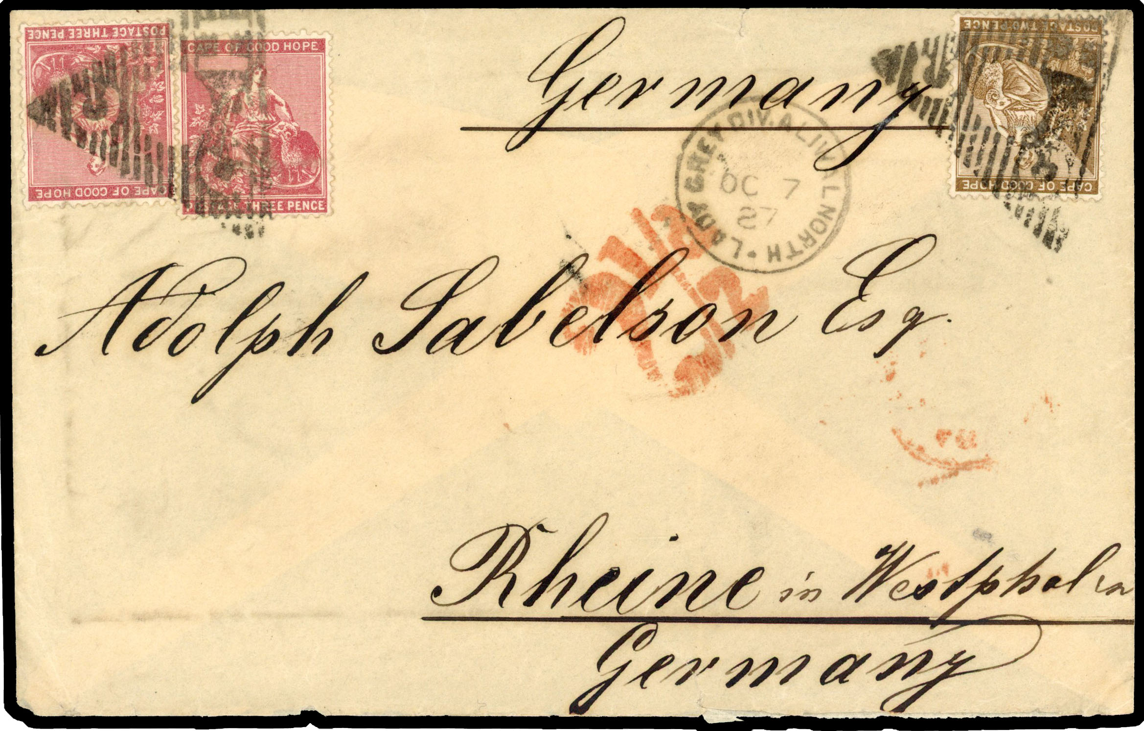 1887 envelope addressed to Germany bearing 2 x 3d pale claret and 2d bistre (SG 43,50a) tied by neat triangular