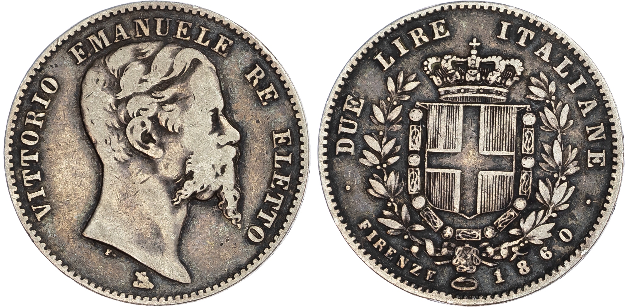 Italy, Florence. Vittorio Emanuele AG 2 Lire. 1860 RF.