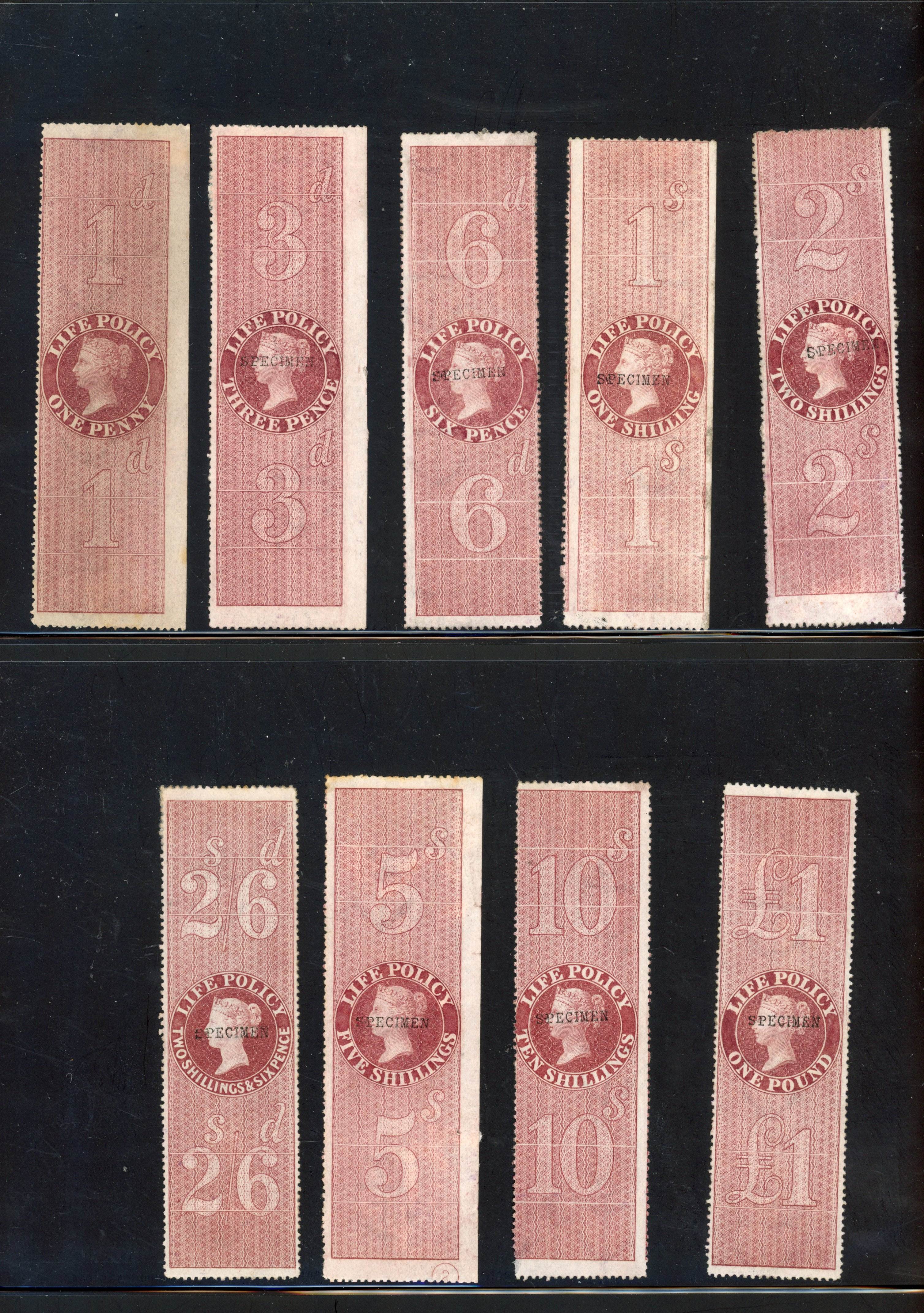 GB Life Policy 1872 1d - £1, Specimens except 1d