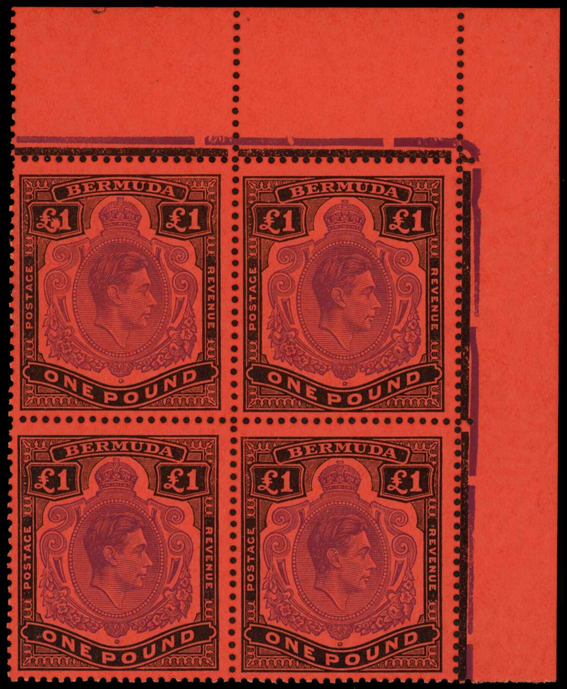 1951 £1 violet and black on scarlet paper,...