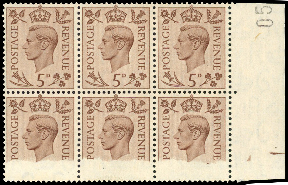 GB SG 469 1939 5d block with values omitted on three mint