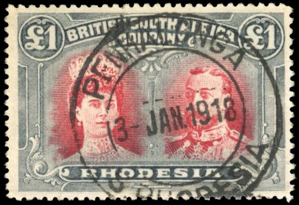 Rhodesia: 1910-13 ‘Double Head’ £1 red and black, perf 15, cancelled by ‘PENHALONGA/3-JAN 1918/S, RHODESIA’ double-ring ds