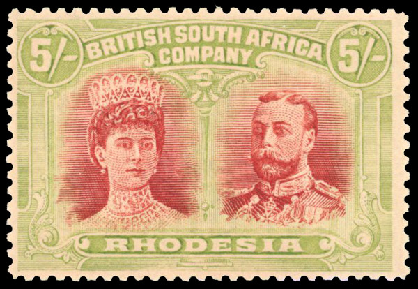 Rhodesia 1910-13 5s deep rose-red and bright yellow-green perf 14