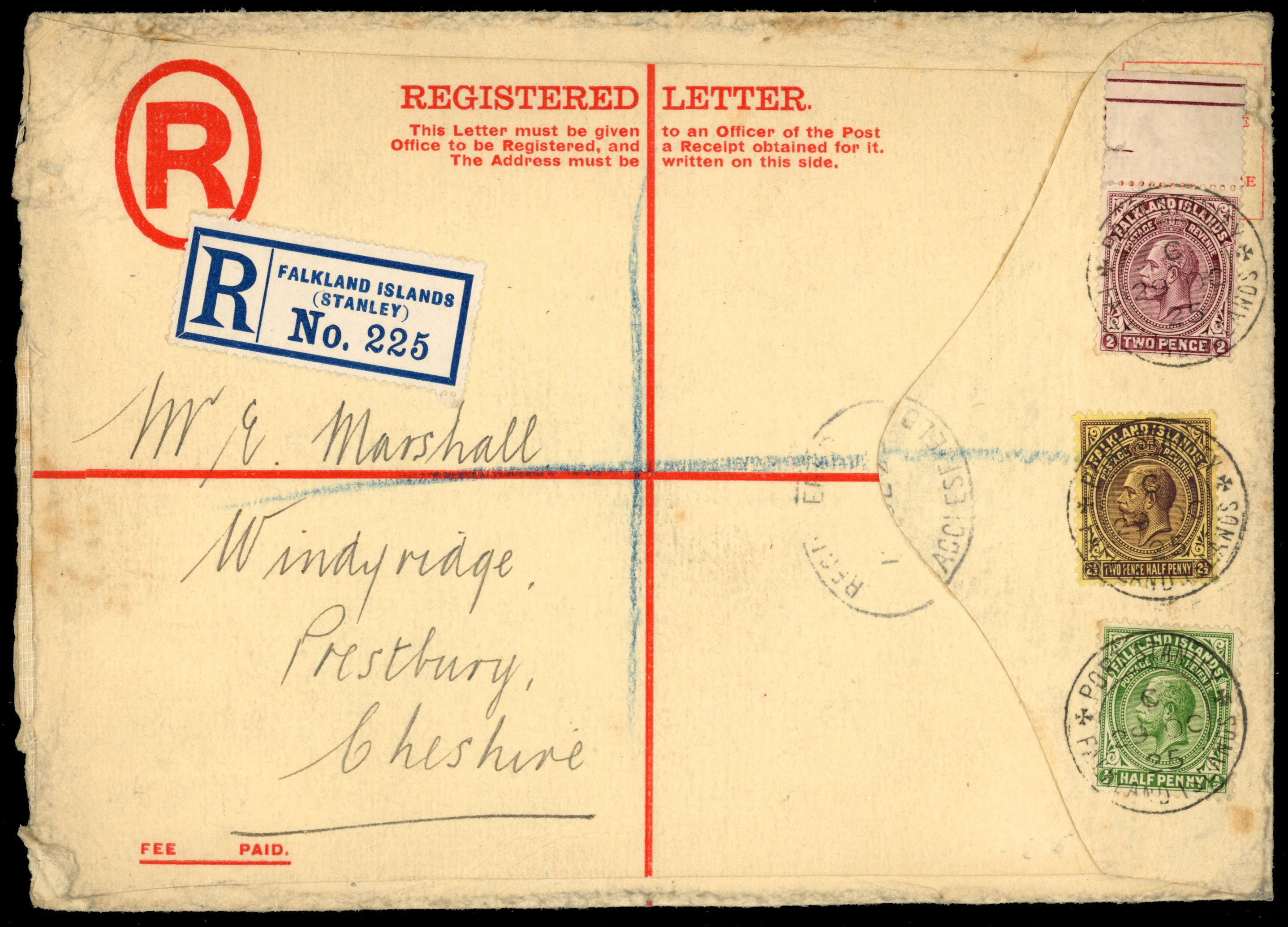 † Falkland Islands 1925 formula registered envelope