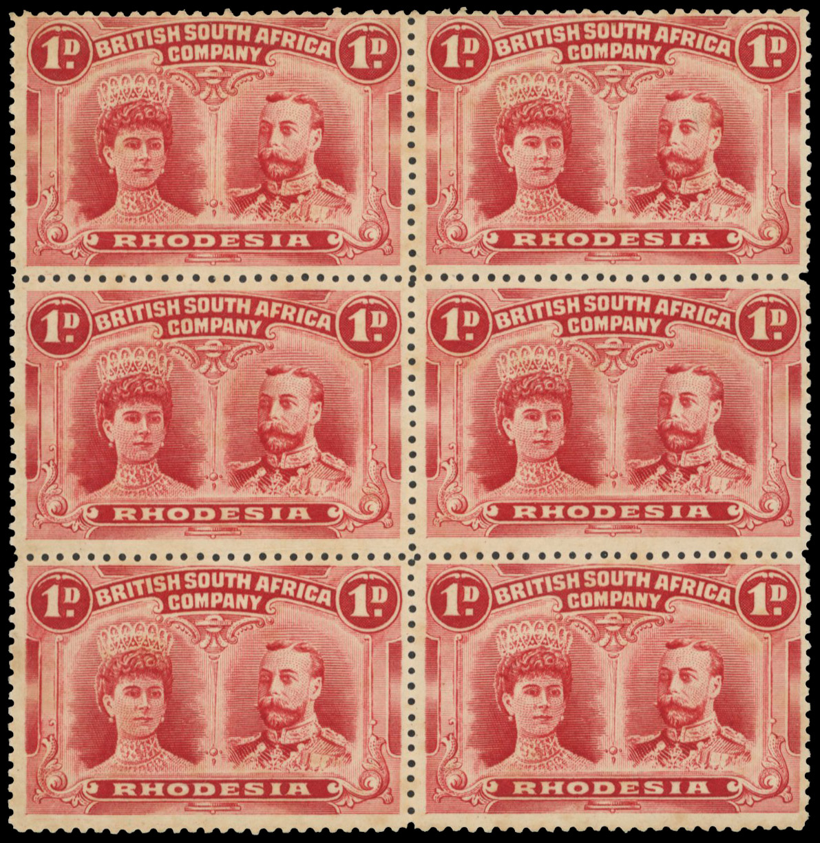 1d rose-red SG 125 block of six, positions 21-42 mint