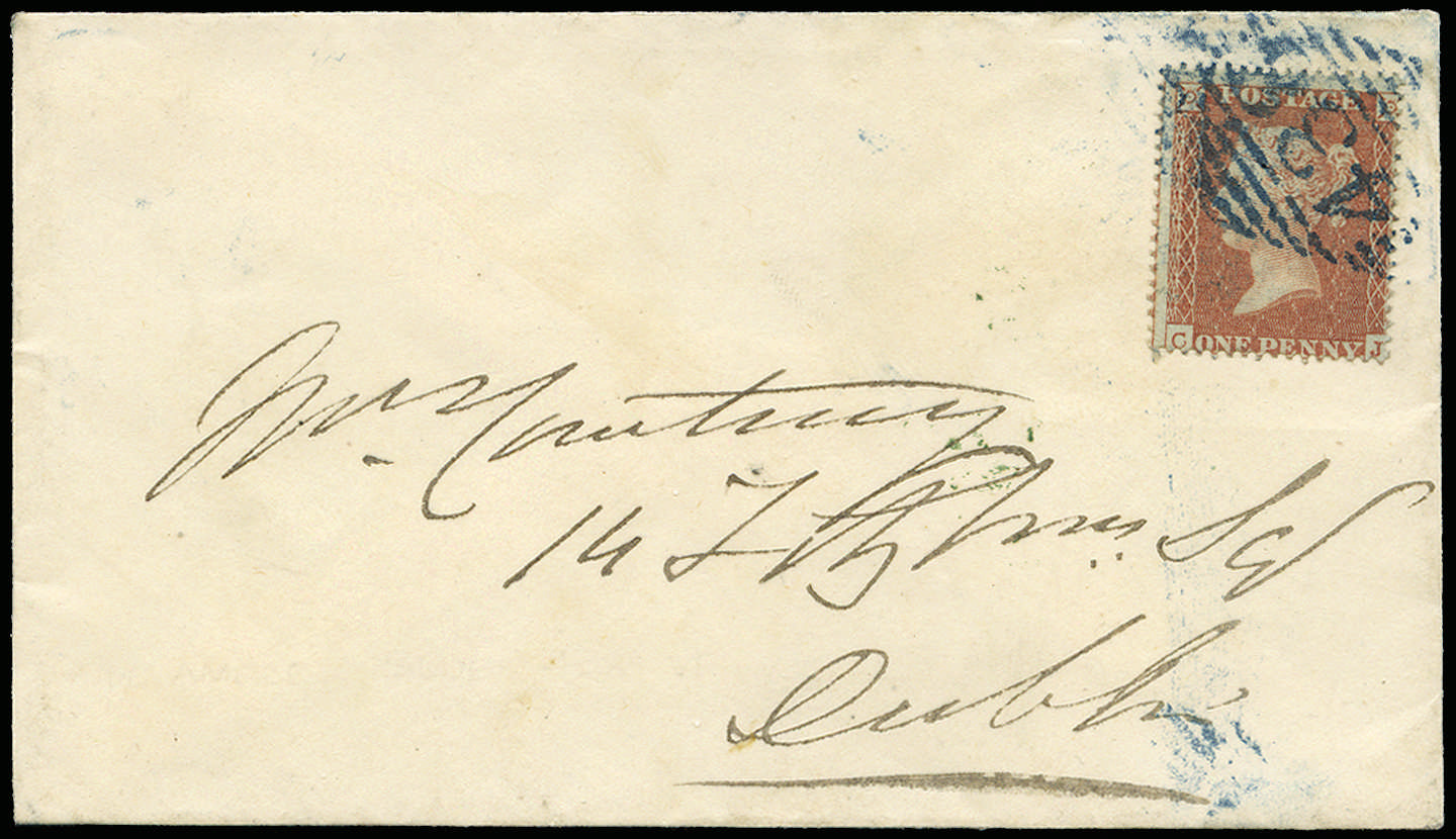 SG17 1854 1d Red-brown Pl.R2 cover blue cancel