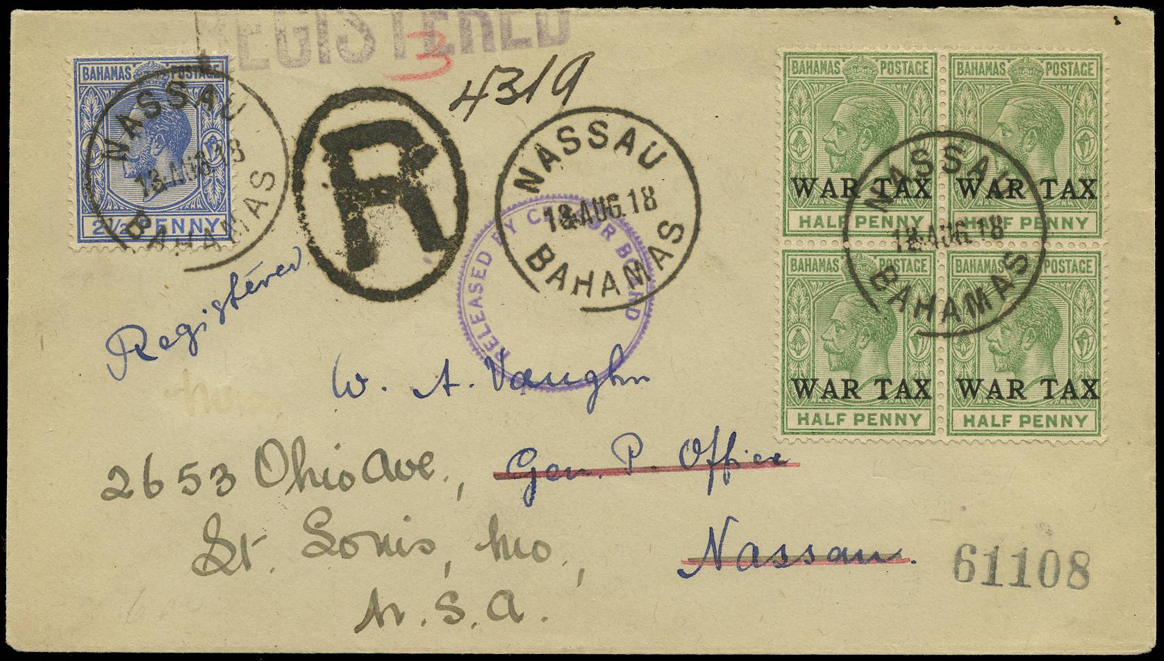 BAHAMAS SG 84, 91 1918 REG COVER TO USA