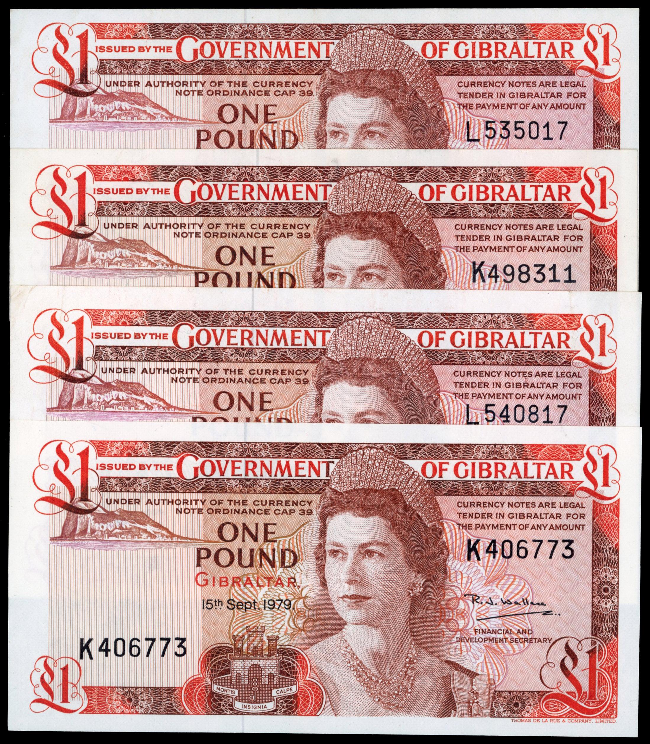 Gibraltar, Government, 15 September 1979, One Pound, R J Wallace, J406773, J498311, (Pick 20b); 4 August 1988,…