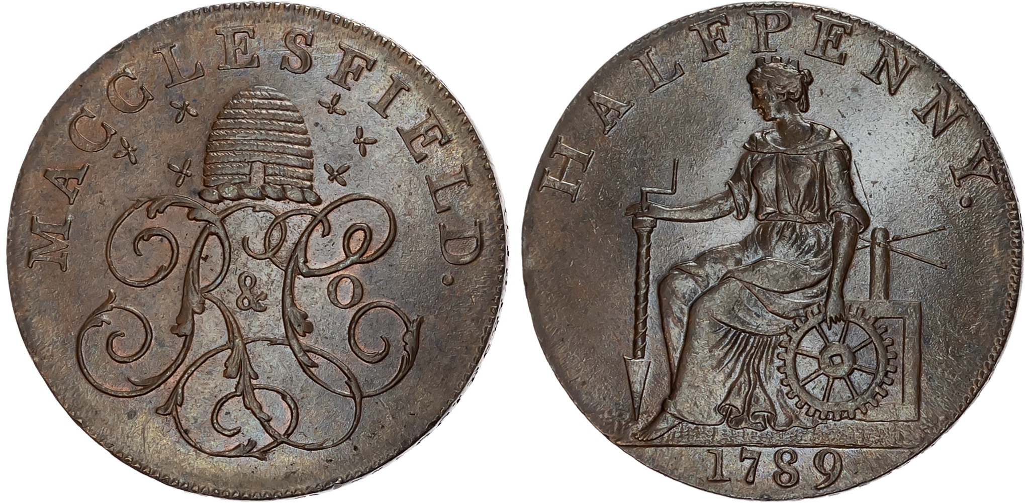 Ches. Macclesfield , Roe & Co. (silk manufacturer and copper mining & smelting) Halfpenny 1789 (engraved by Hancock, man …