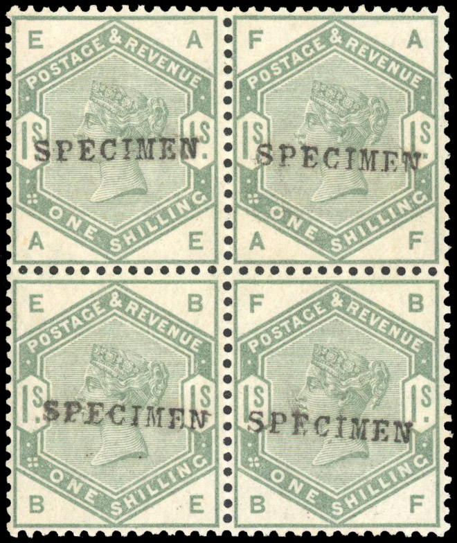 1884 1s dull green overprinted “SPECIMEN” fresh appearance, large part o.g. SG 196s