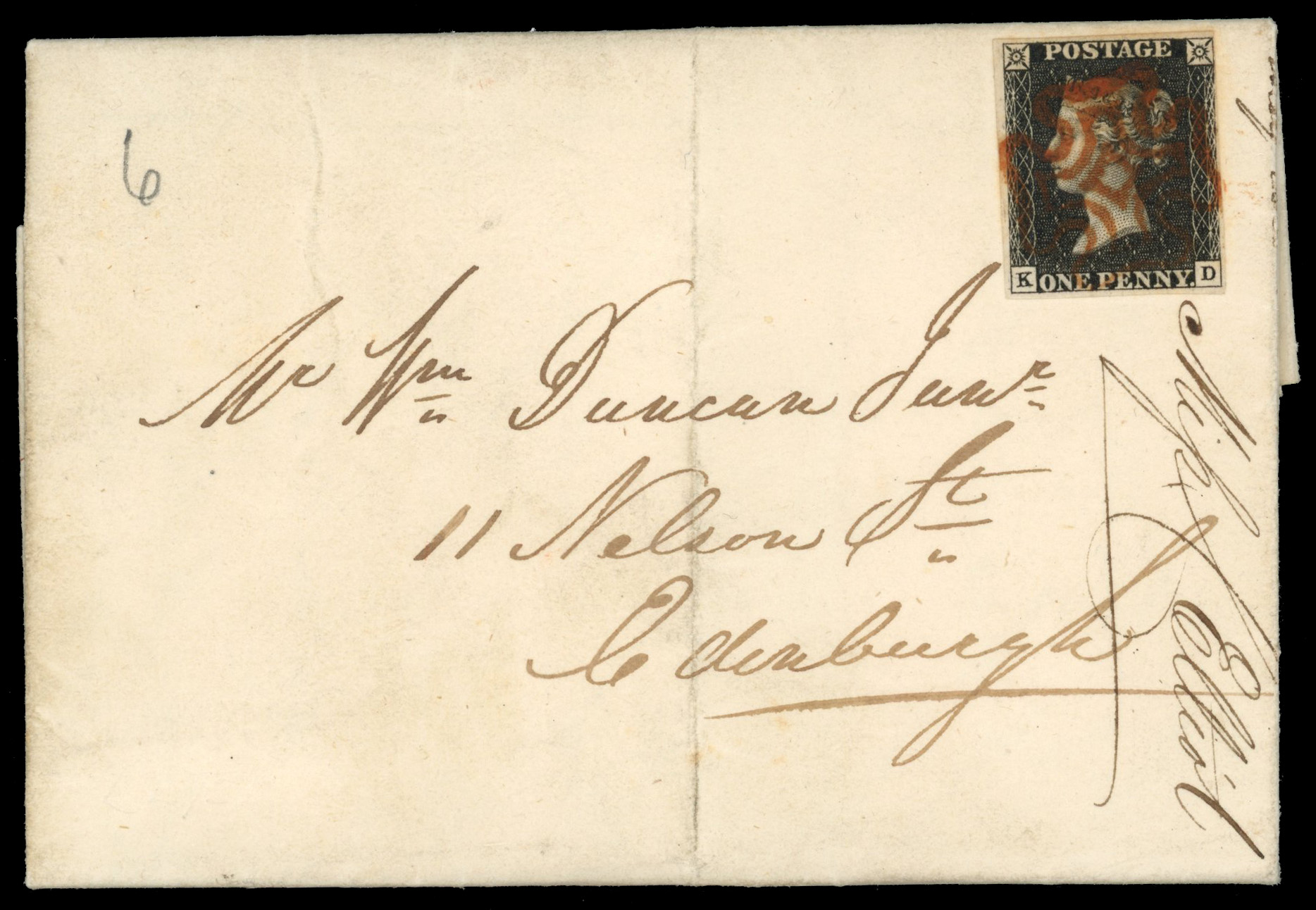 GB 1840 1d black, Pl. 6 (KD) on cover Galashiels to Edinburgh