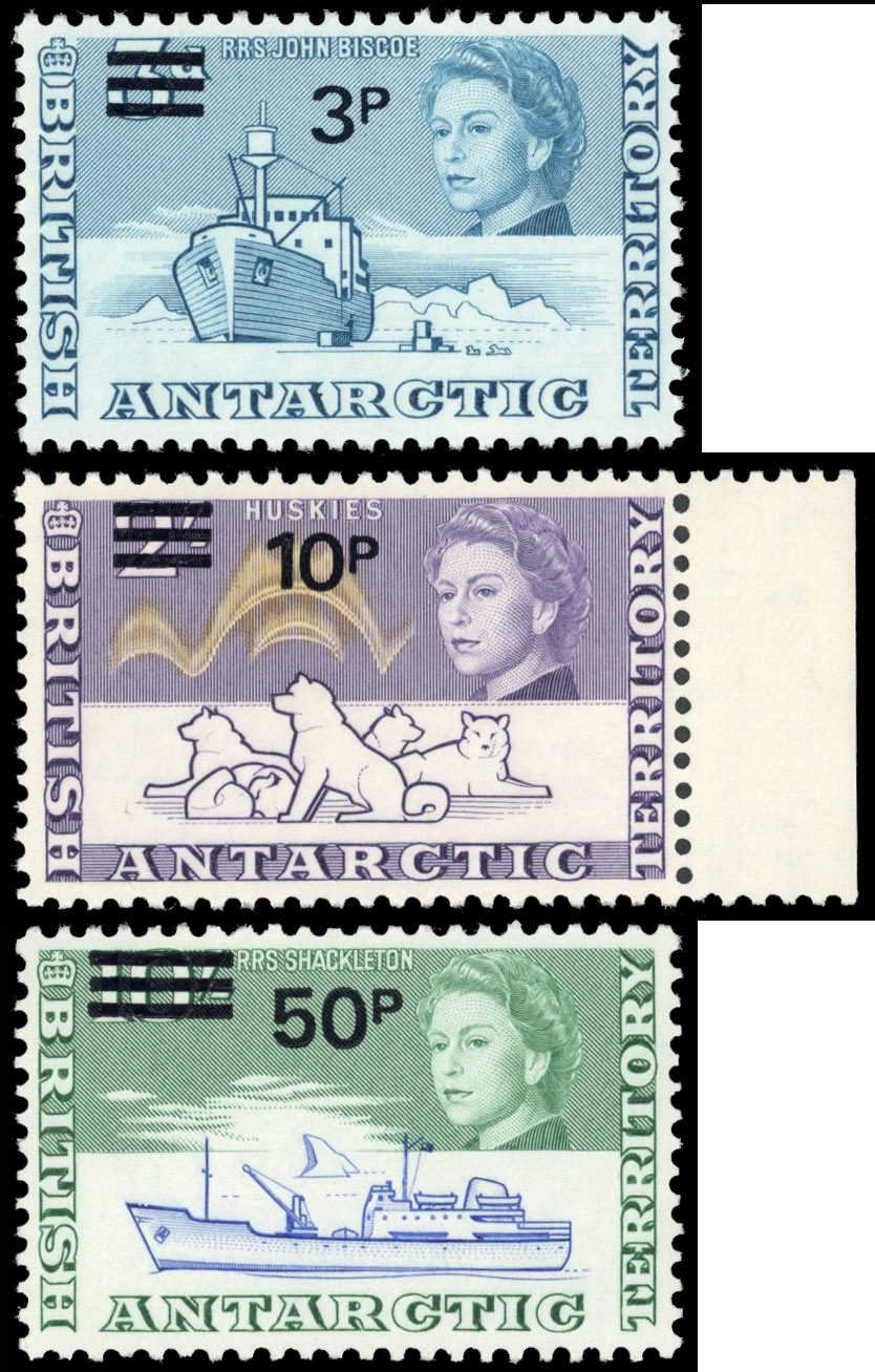 BAT SG 29w/37w 1971 3p, 10p and 50p watermarks inverted mint