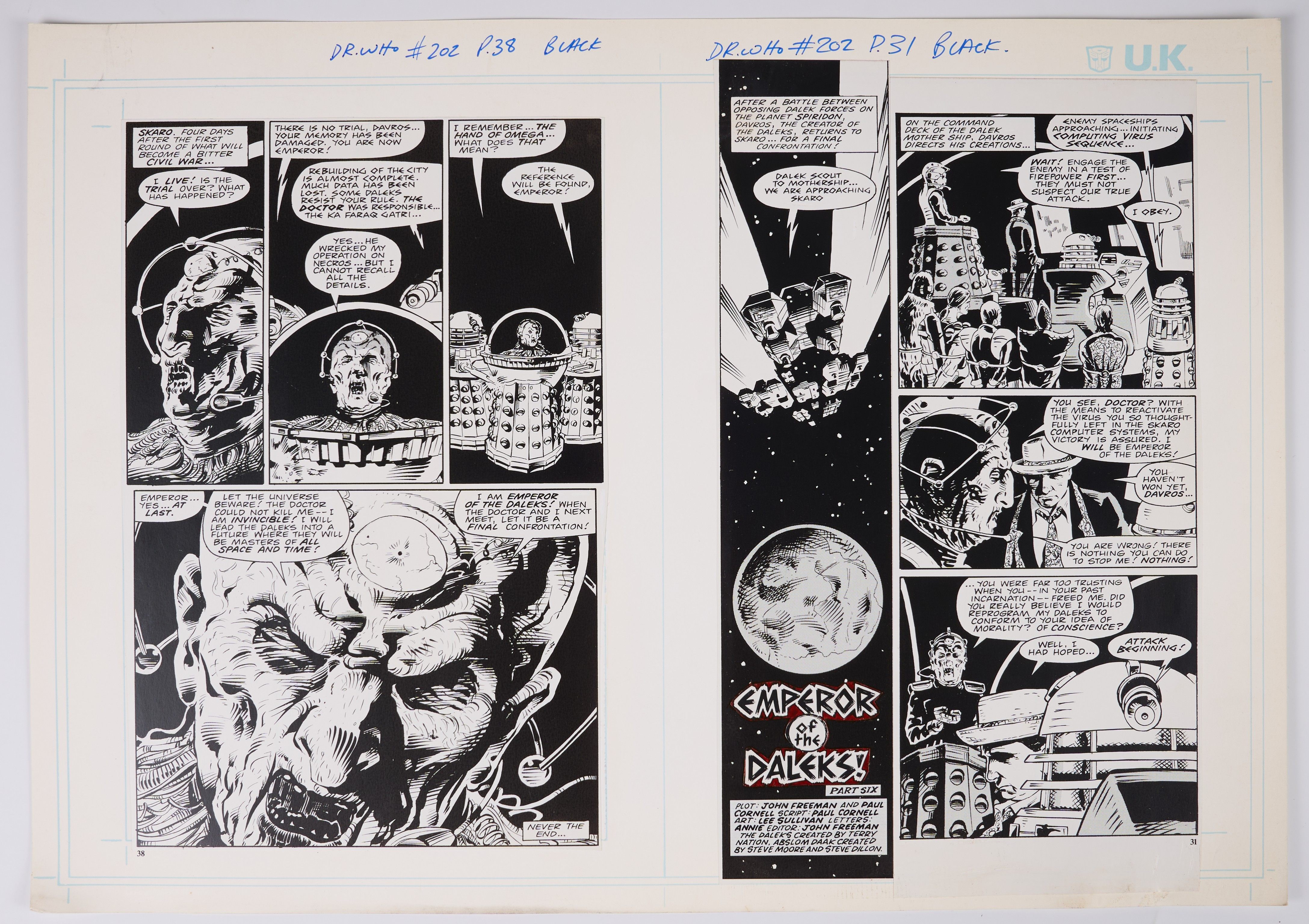 Lee Sullivan Doctor Who Monthly #202 'Emperor Of The Daleks' Printed Story Guide Pages (Marvel UK, 1990) Total 4
