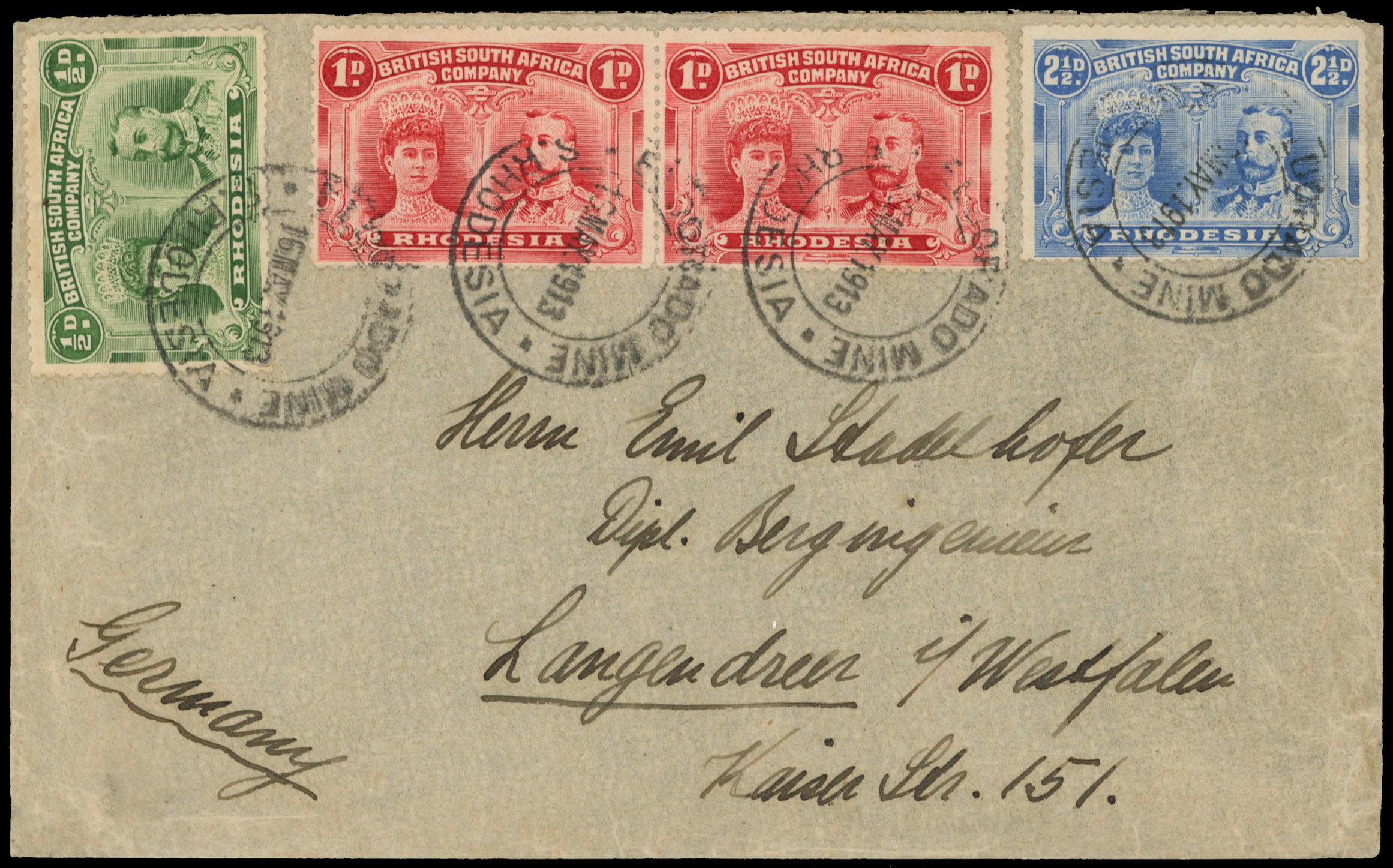 ½d, 1d pair and 2½d on envelope to Germany, Eldorado Mine DCs