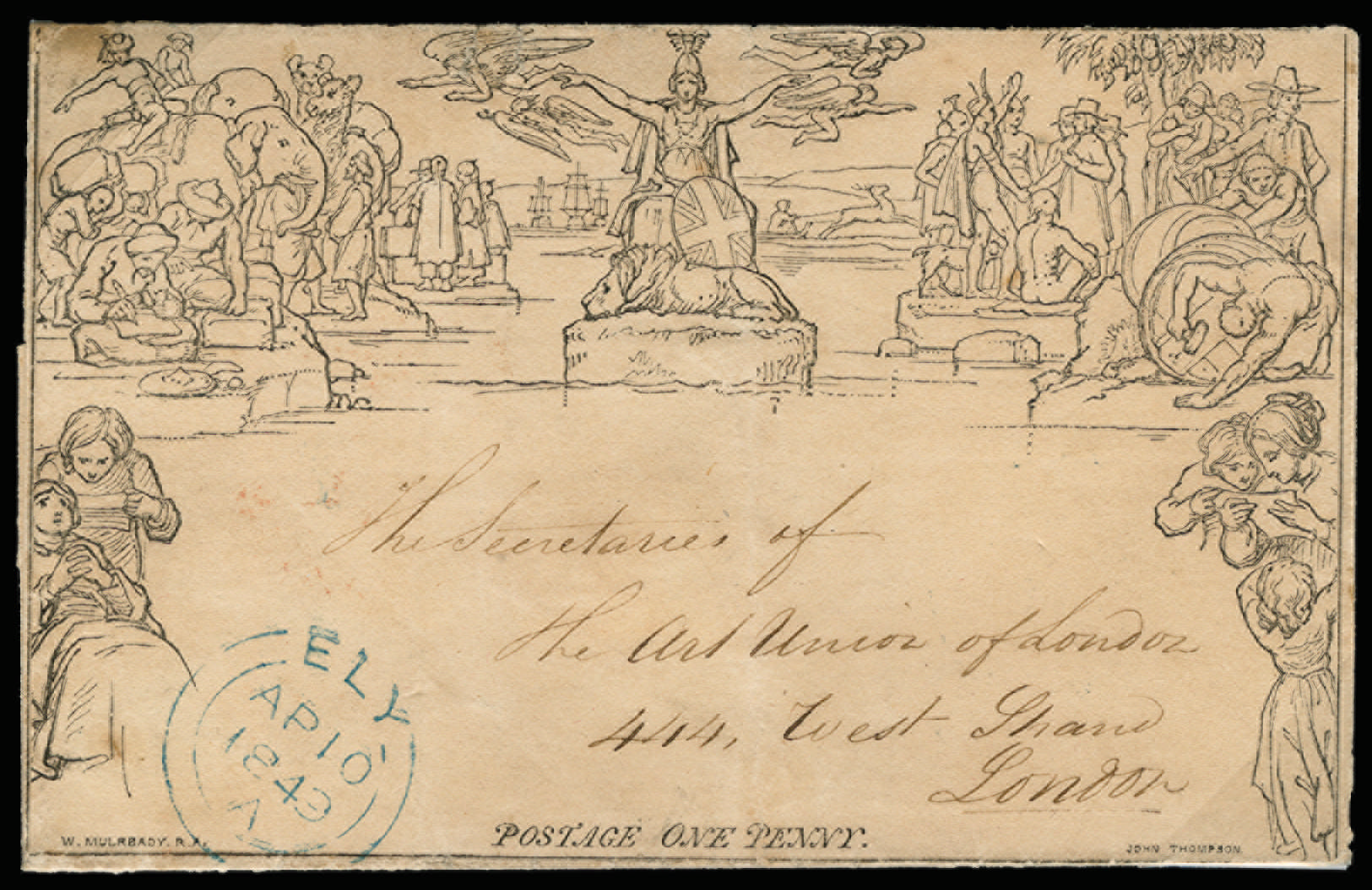 GB 1840 1d Mulready lettersheet, blue Ely datestamp