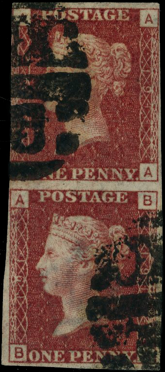 GB: 1864 1d lake-red Plate 191 vertical imperf plate proof pair trial cancels, (AA/AB), 