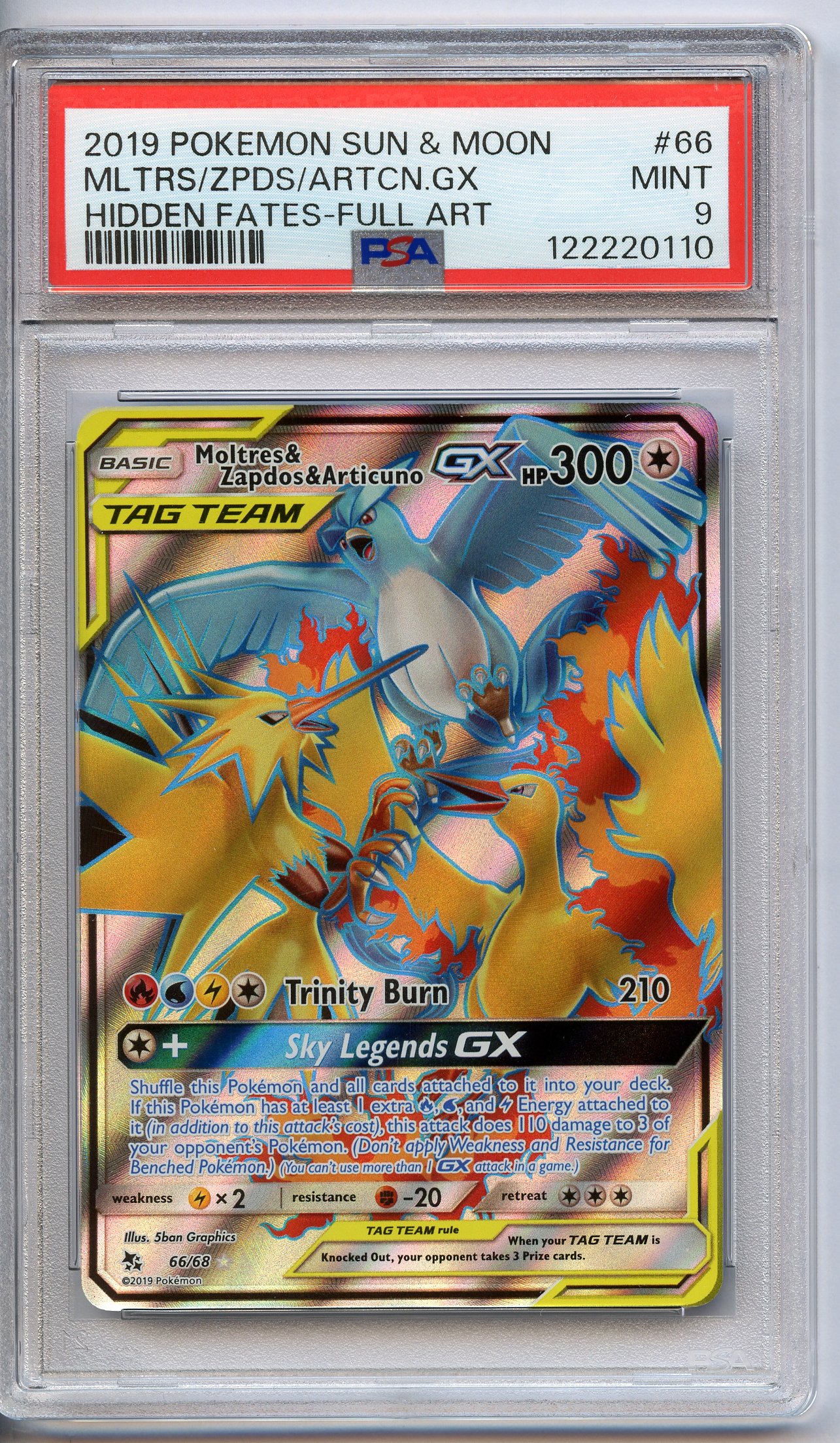 PSA 9 Moltres & Zapdos & Articuno GX #66 Full Art - Hidden Fates 2019