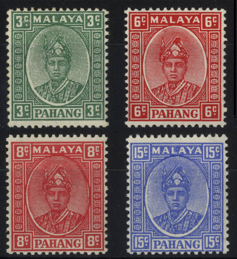 Pahang.  1937-41 3ct (ordinary paper), 6ct and 8ct scarlet and 15ct ultramarine, fine large part o.g. SG 31, 34, 36, 39,...