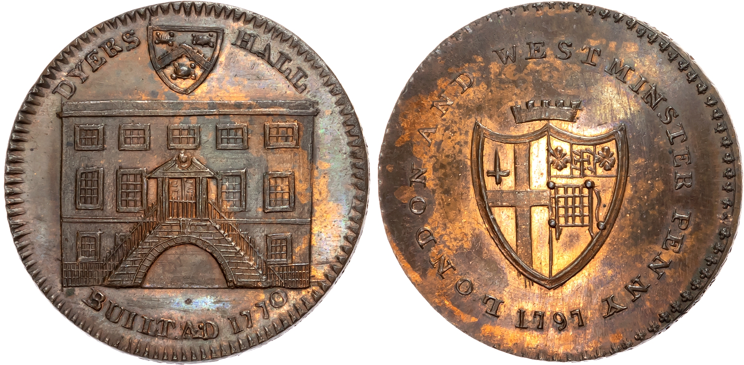 London, Dowgate . Prattent’s ‘London and Middlesex Series’ penny 1797, Dyers’ Hall, Dowgate, rev . London and Westminst …