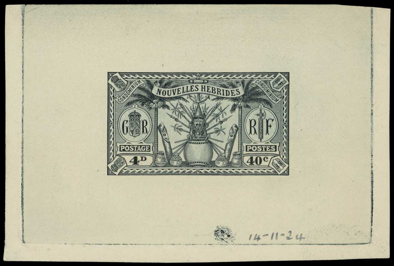 1924 40c (4d) die proof in black on wove (81 x 54mm) showing die sinkage on three sides, annotated ''14-11-24'' in M/S at...