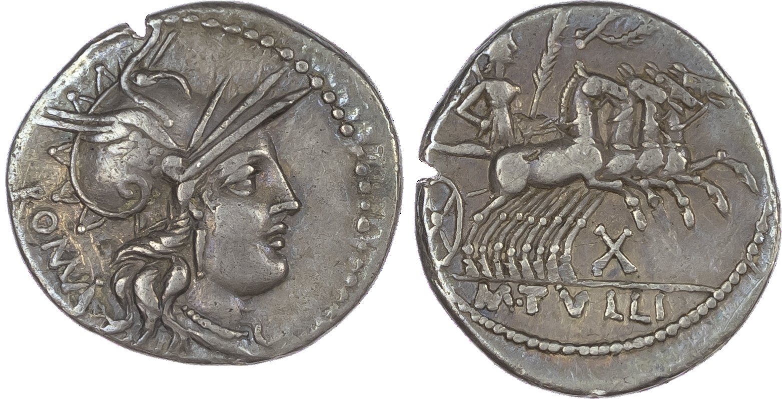 M. Tullius (119 BC) AR Denarius, Rome, 3.75g. ROMA, helmeted head of Roma facing right. Rev. Victory, holding reins and