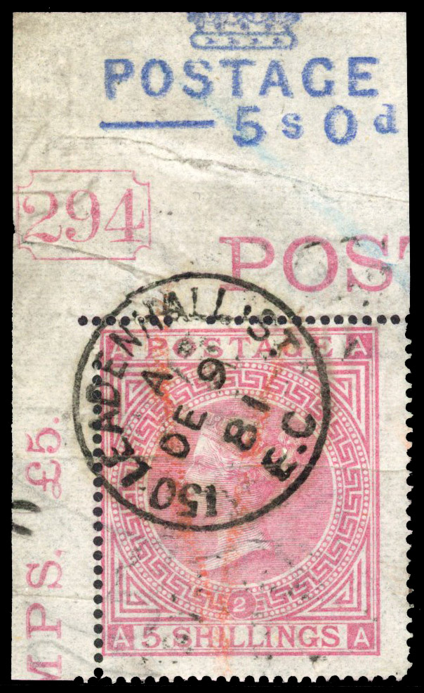 1874 5s Rose Pl.2 (AA). Used top left hand corner marginal 