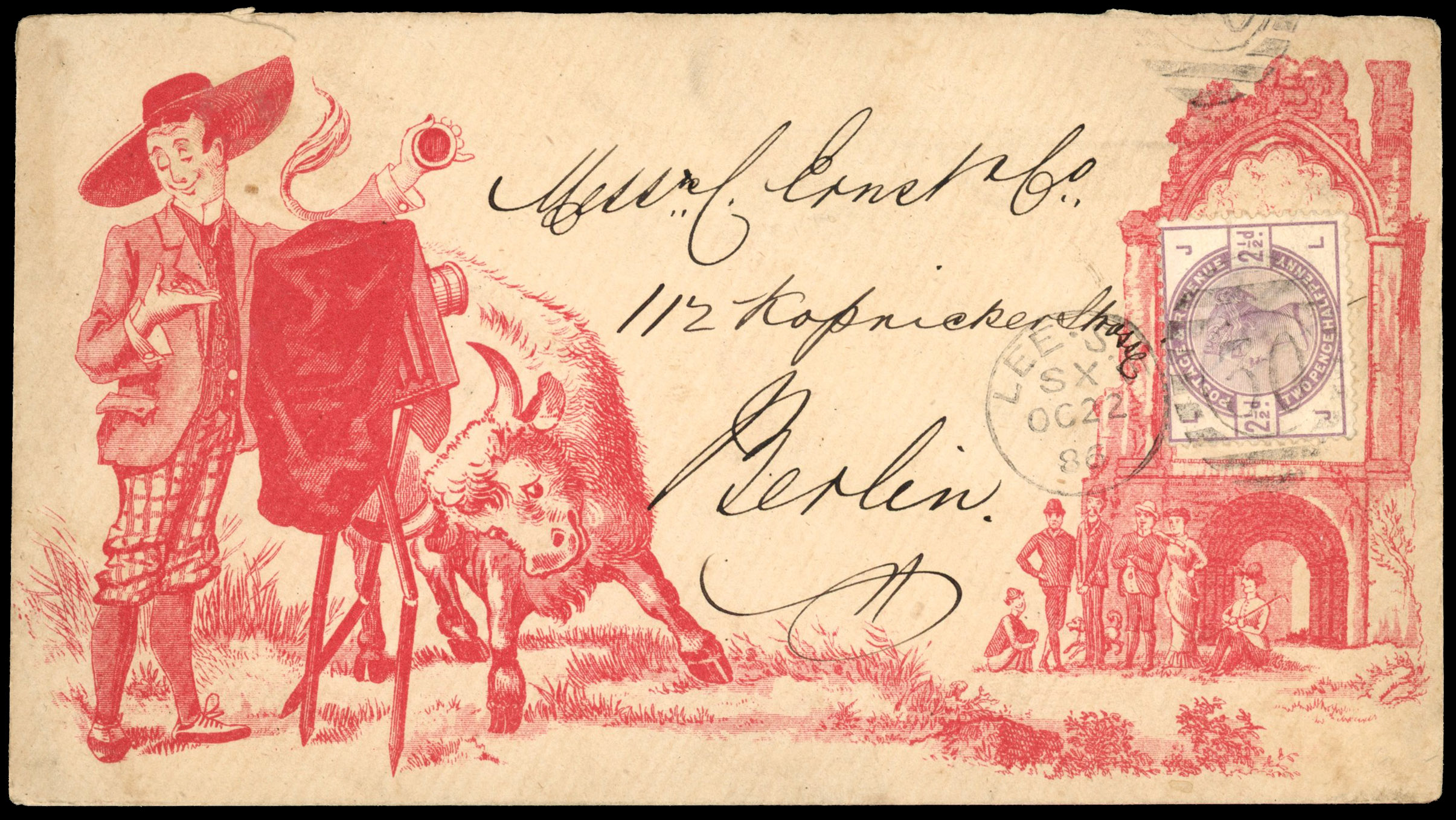 GB 1886 pre-printed Poulton's illustrated cover to Berlin, SG 190