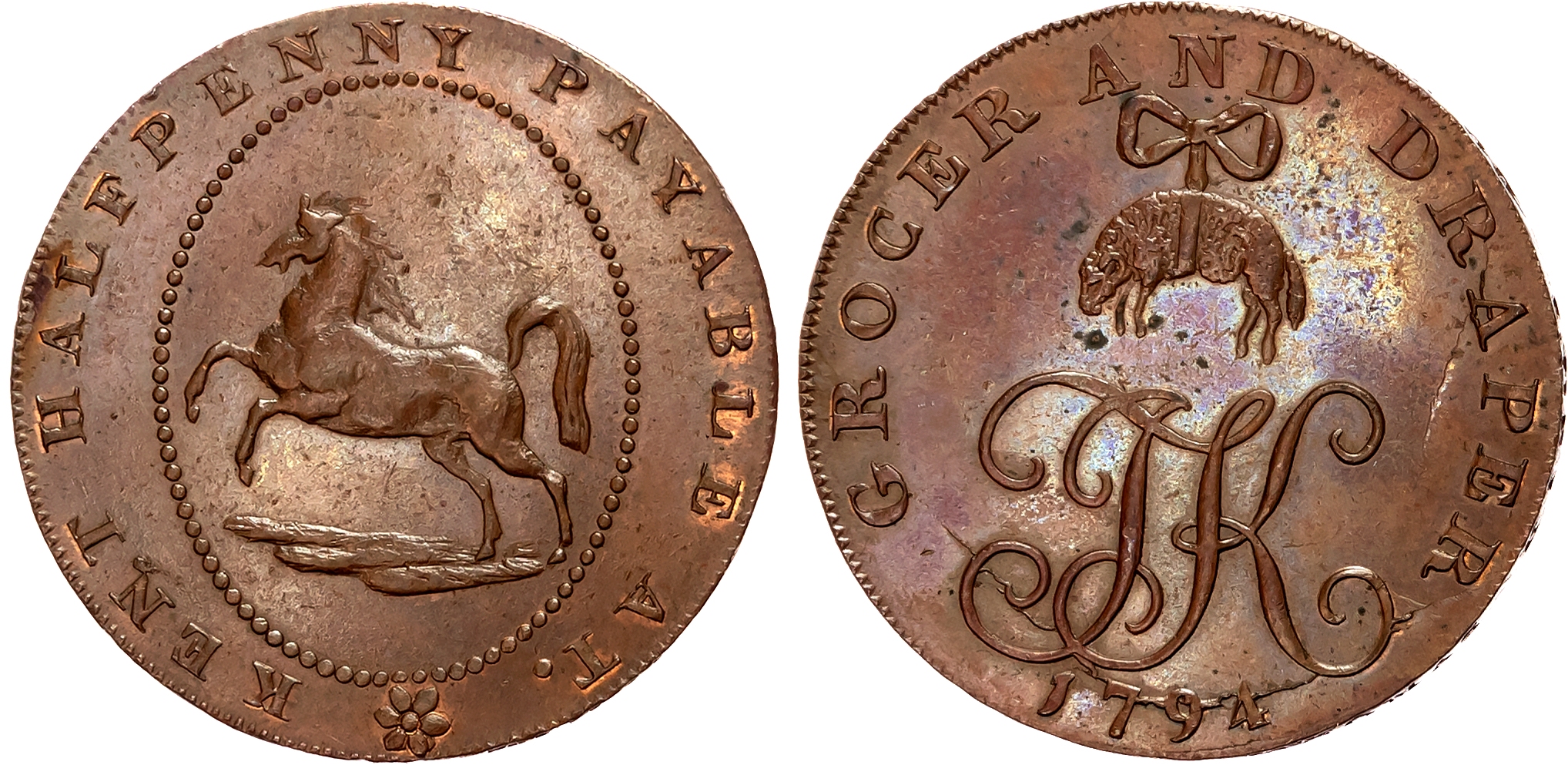 Kent. Brookland , Thomas King (grocer, draper) Halfpenny 1794, Kentish horse, rev . Fleece over TK cypher, edge PAYABLE …