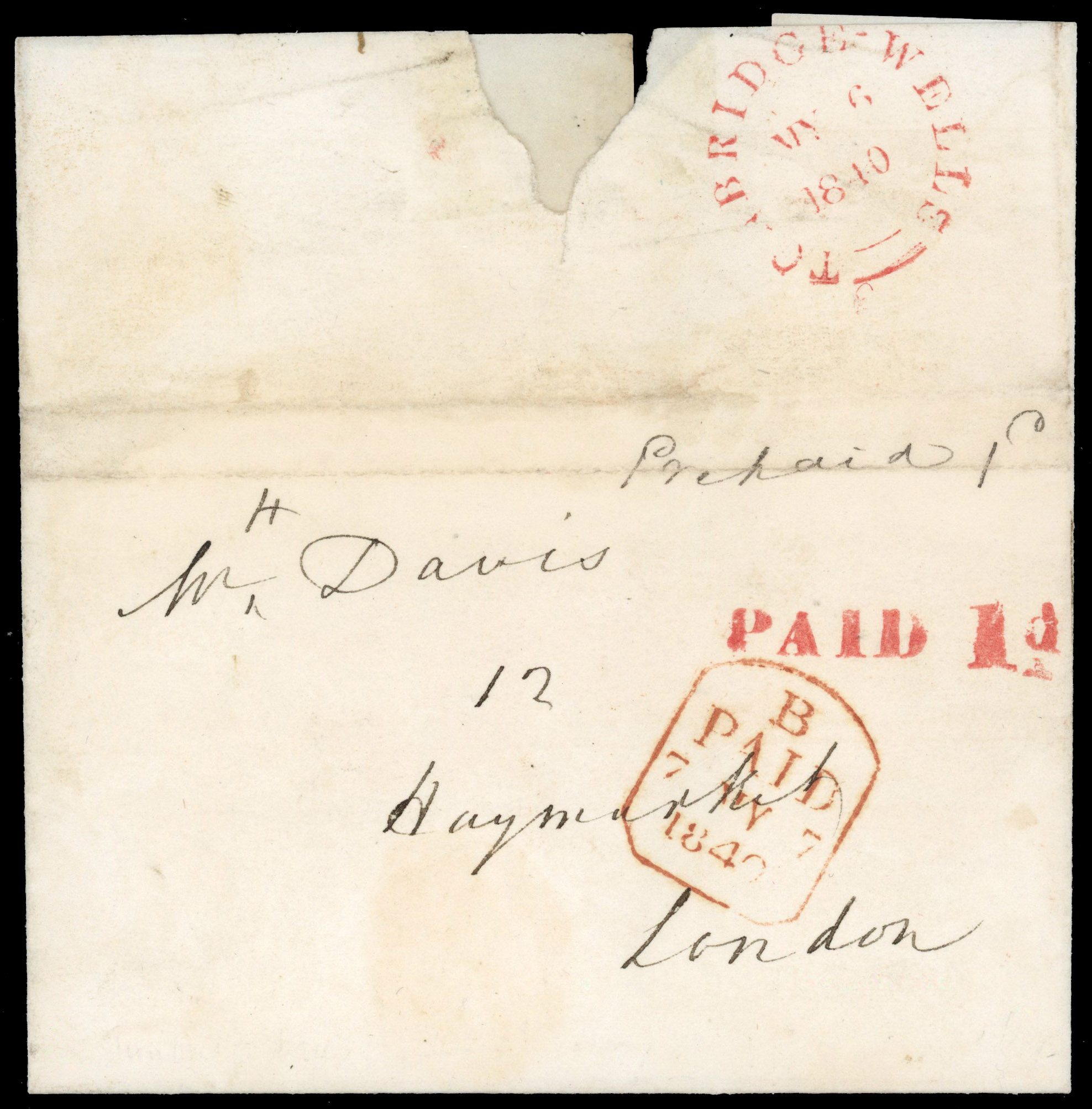 GB 1840 stampless entire letter to London from Tunbridge Wells 