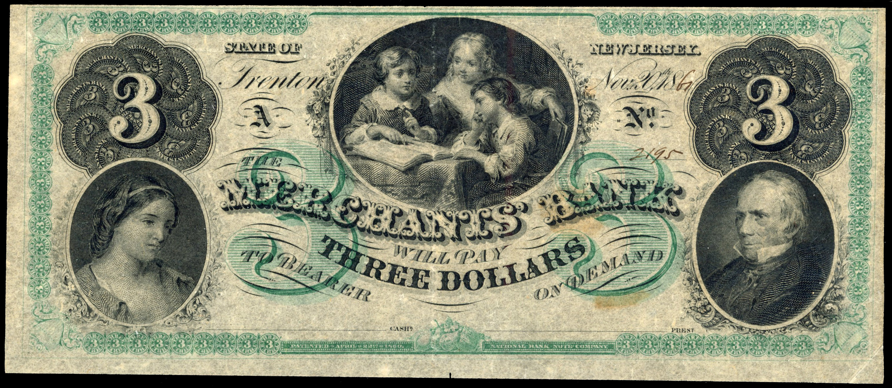 USA, NJ. Trenton, Merchants’ Bank, Unissued uniface Three Dollars, 20 Nov. 1861. Very Fine, one pin hole but s…