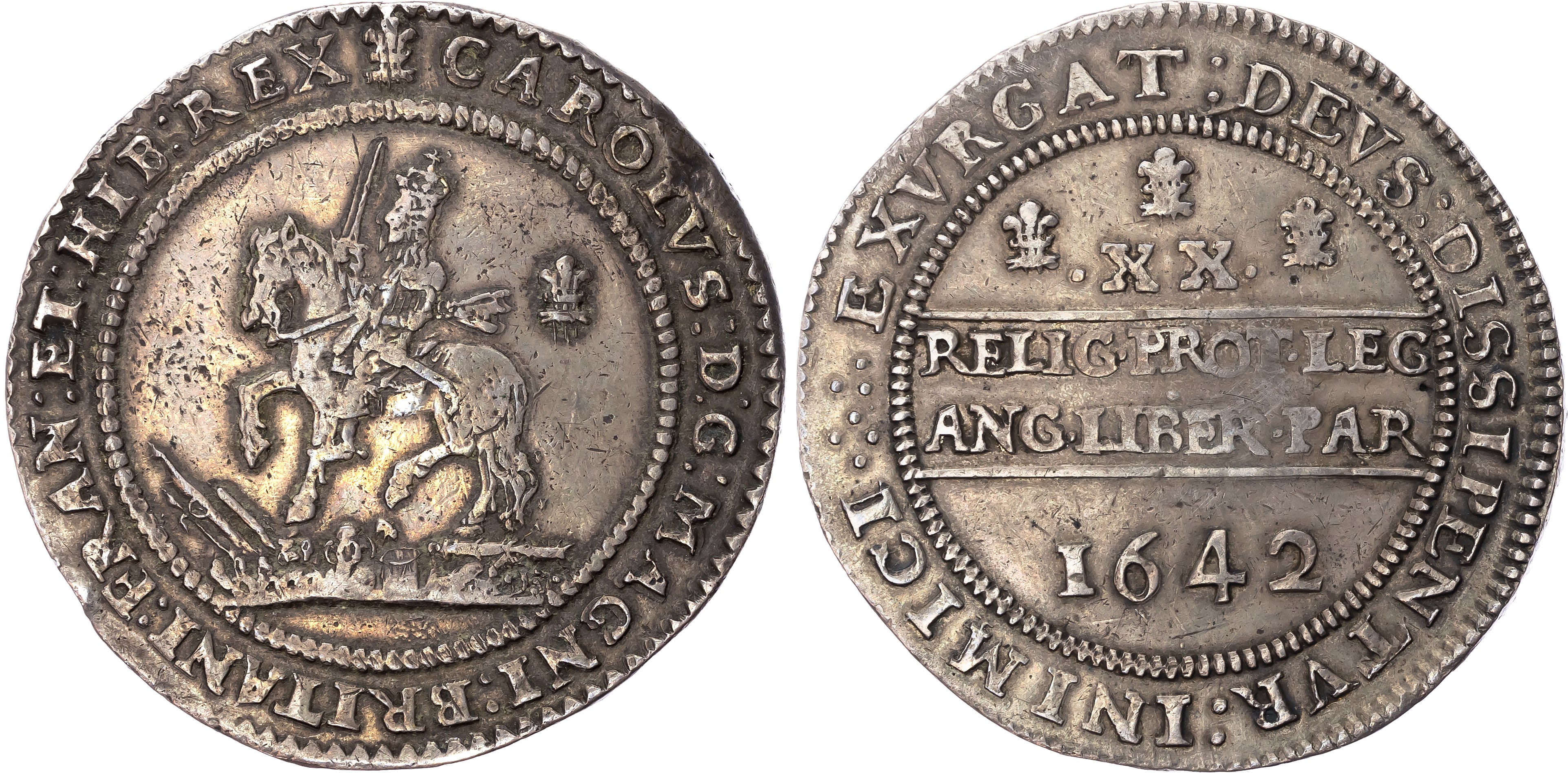 Charles I (1625-1649) Pound, Oxford mint, 1642, mintmark plume on obv. only. ‘Shrewsbury’ horseman left, holding upright…