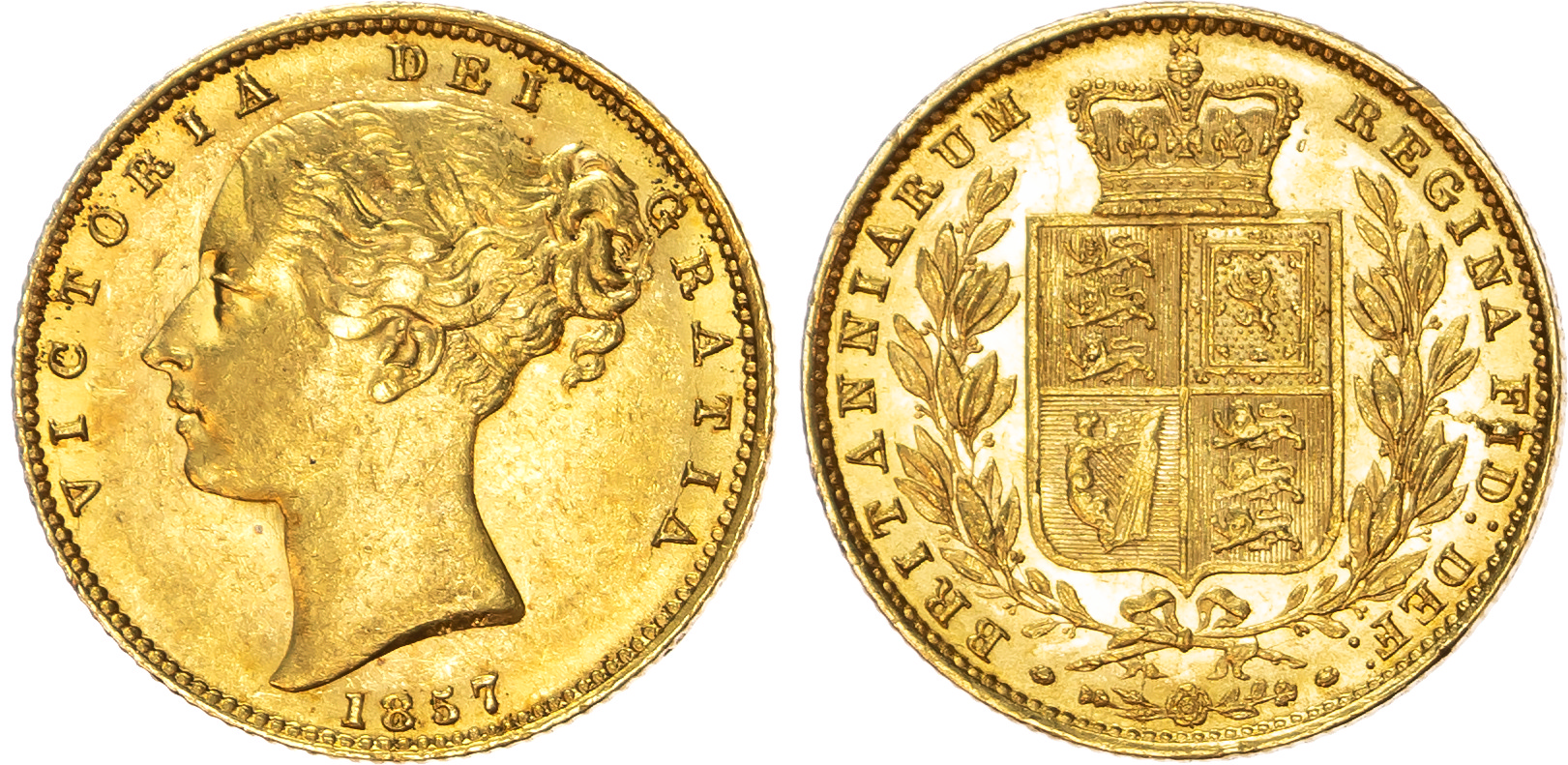 Victoria (1837-1901), Sovereign, 1857, second larger young head left