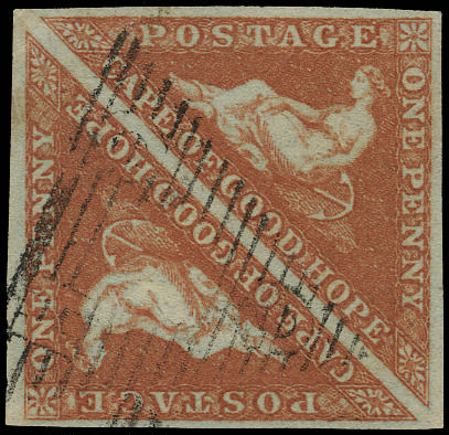 Cape of Good Hope 1853 1d pale brick-red on deeply blued paper Perkins Bacon printing, SG 1 Used